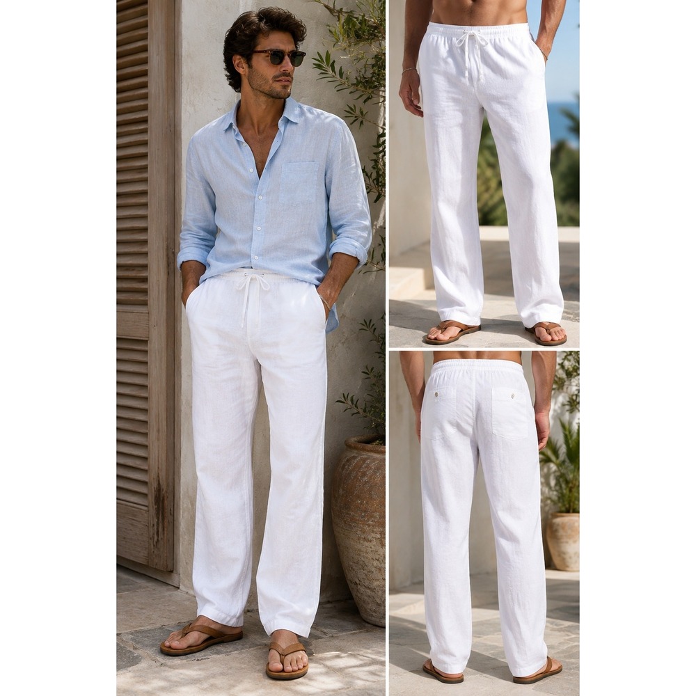 Cubavera Men's Medium White Linen Blend Drawstring Pants Relaxed Beach 32/34